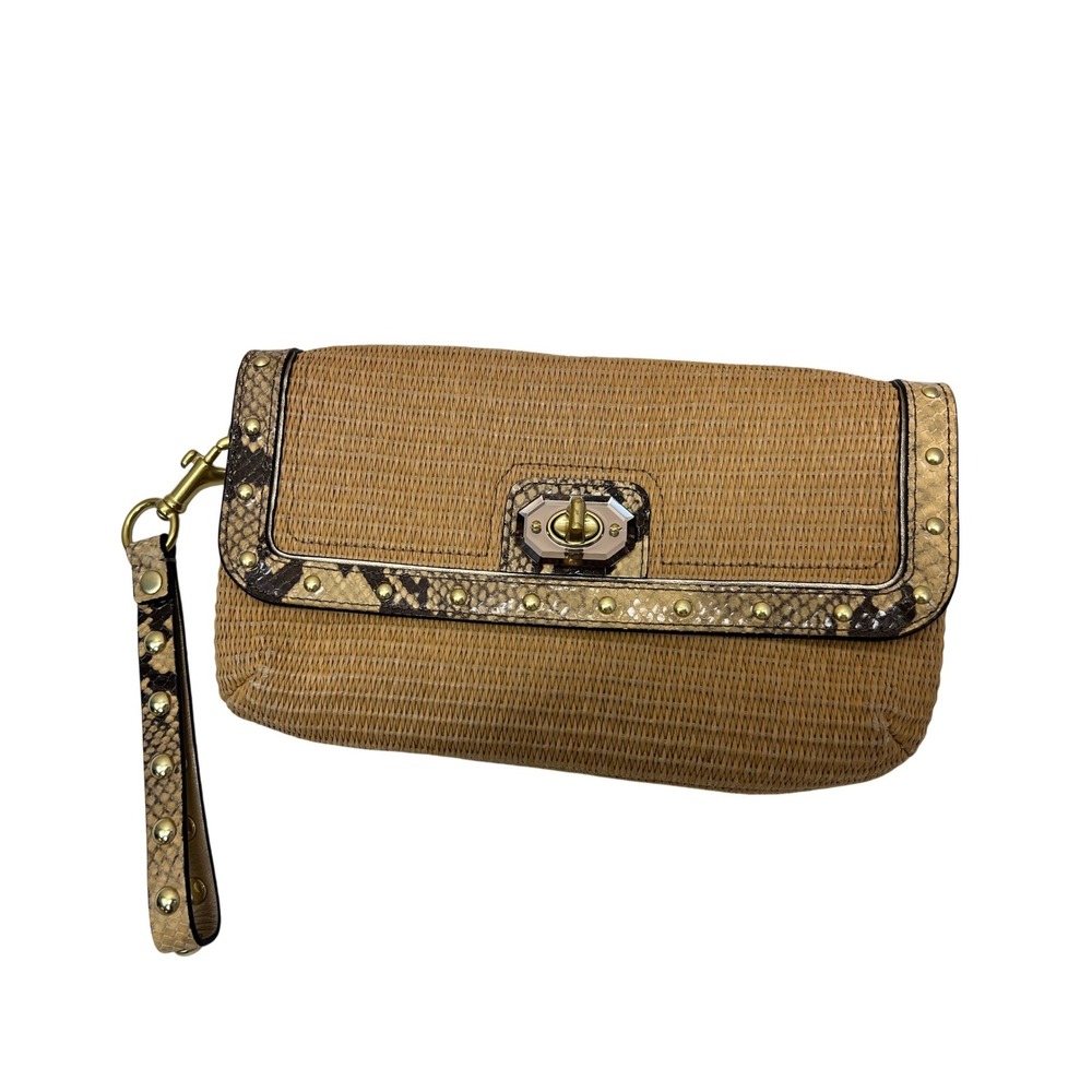 Coach Wristlet Clutch Womens Small Tan Good Straw Snakeskinβ Studded 45275